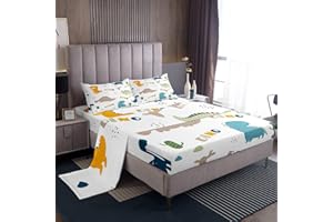 FEELYOU Cute Dinosaur Sheet Set Cartoon Cactus Bed Sheets Set Decor Jungle Dino Boho Succulent Sheets with Deep Pocket Fitted Sheet Wild Animal Pattern Yellow Grey Bedding Set Bedroom Quilt Cover 4Pcs Queen