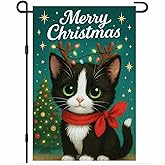 BlissYard Christmas Garden Flag 12x18 Inch Welcome Black Cat Outdoor Flag Double Sided Holiday Yard Banner with Reindeer Antlers Red Scarf and Christmas Tree for Porch Lawn Patio