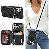 Hamany Crossbody Wallet Case for iPhone 16, PU Leather Zipper Handbag Purse Flip Cover, Kickstand Folio Case with Card Slots Holder Wrist Strap Lanyard 5G 6.1"-Black