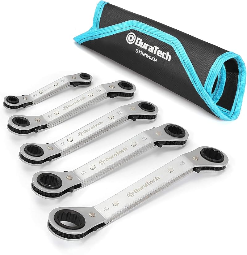 DURATECH 5pc Double Ring Reversible Ratchet Wrench Set 6mm-21mm Metric w/ Carry