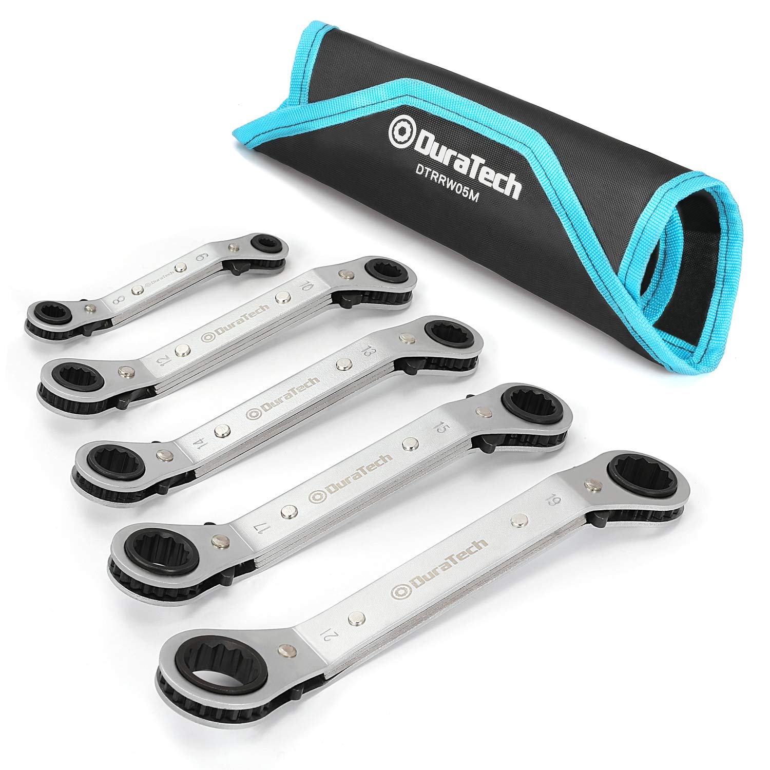 DURATECH 5pcs 6mm-21mm Double Ring Reversible Ratchet Wrench Set with Carry Pouch