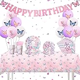134Pcs Butterfly Party Supplies Cute Decorations for Birthday, Unique Theme Party Favors Including Banner, Plates, Cups, Napkins, Baloon and Tablecloth for 24 Guests