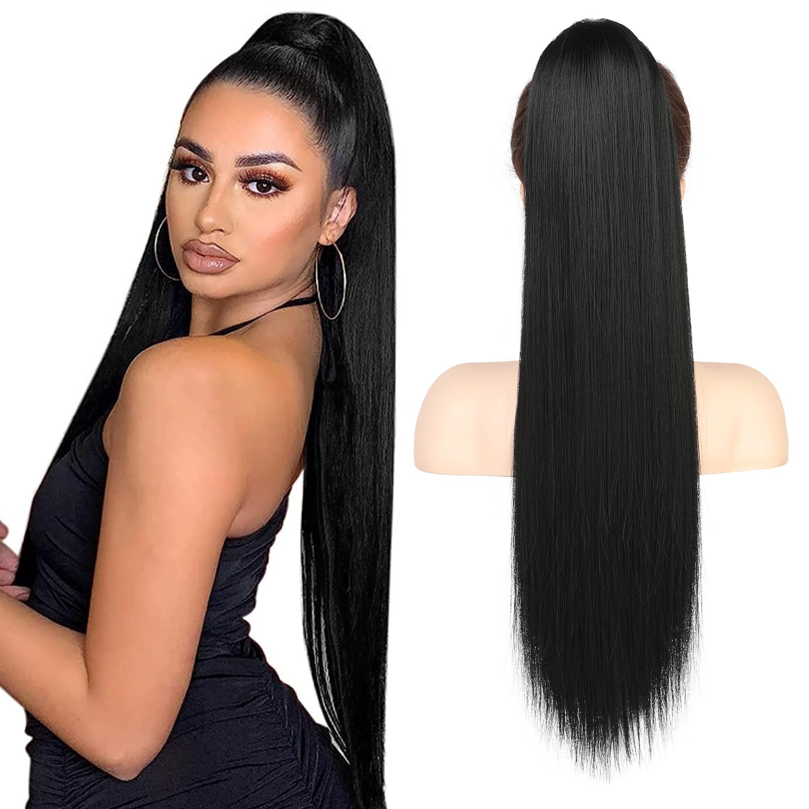 FLUFYMOOZ ponytail extension, 26 Inch Long Straight Drawstring Ponytail Hairpieces Fake Pony Tails Natural Soft Clip in Hair Extension ponytail for Women (Jet Black)