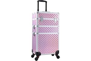 Adazzo 3 in 1 Professional Rolling Makeup Train Case Aluminum Trolley Case with 360° Rotation Wheels for Makuep Artist Cosmetic Suitcase Organizer with Lock and Key Diamond Pattern - Pink