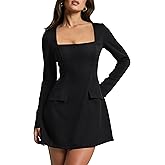 YMDUCH Women's Sexy Square Neck Long Sleeve A-Line Mini Party Dress with Pockets