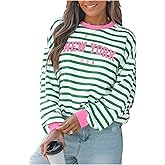 GORGLITTER Women's Crew Neck Sweatshirt Trendy Fall Fashion Letter Graphic Colorful Striped Long Sleeve Pullover Top Outfits