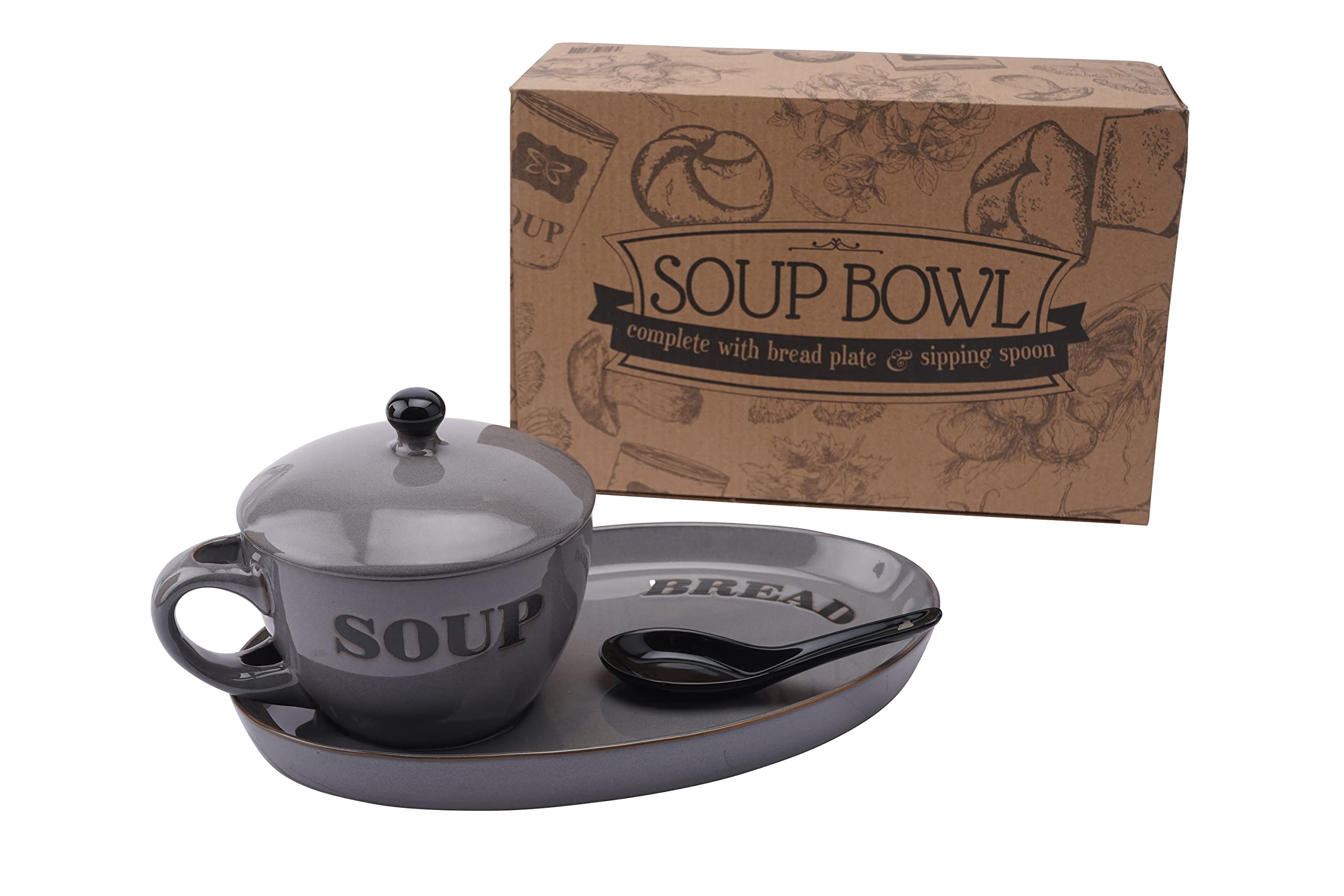 CGB Giftware | Soup Bowl Dish with Bread Serving Plate and Spoon Set | Grey Country Cottage Kitchen Rustic Style | Microwave and Dishwasher Safe | Individually Gift Boxed
