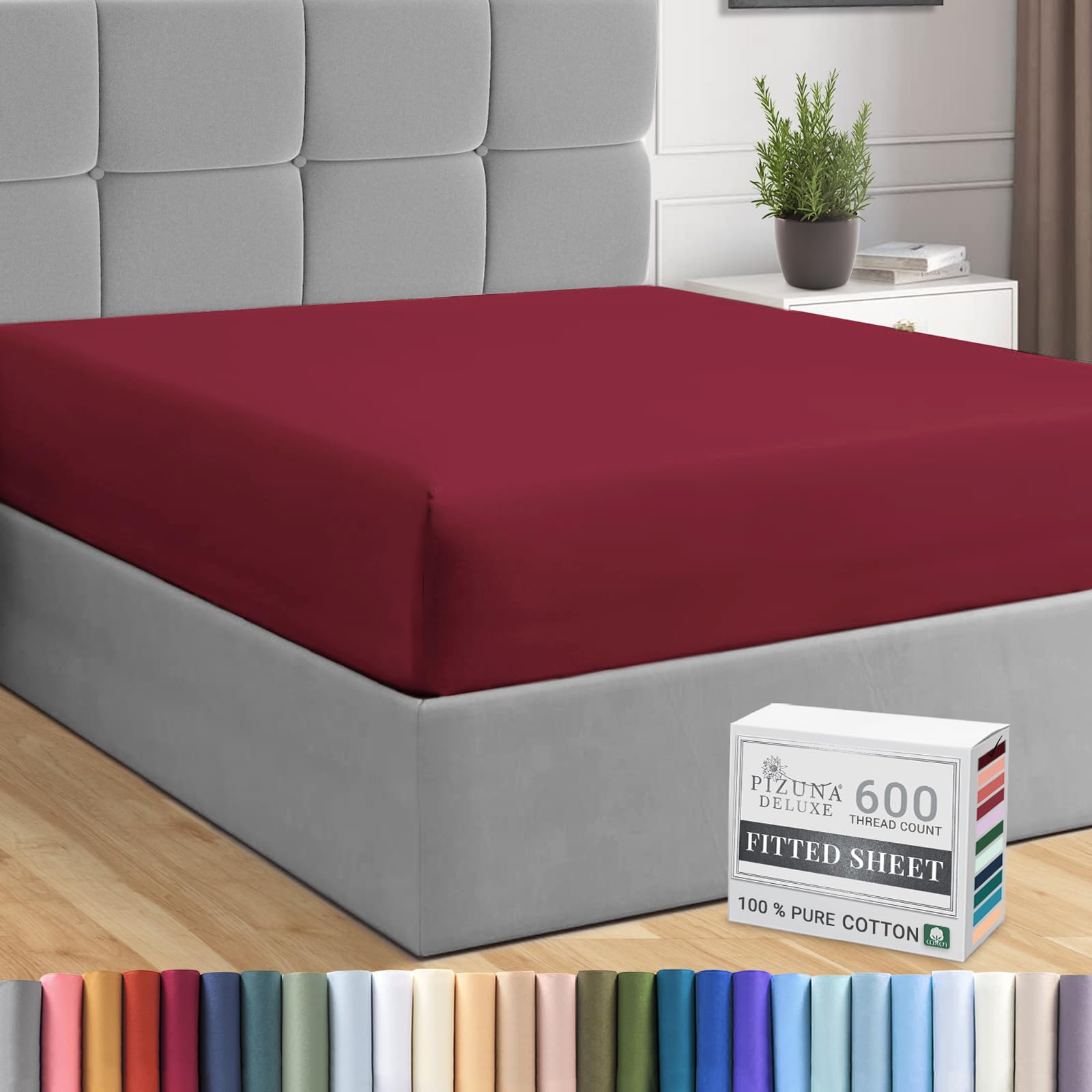 Pizuna Pure Combed Cotton Fitted Sheets Rio Red, 600 Thread Count 100% Long Staple Cotton Emperor Fitted Sheets 200x200cm, Sateen Weave Emperor Fitted Sheet Extra Deep 40 cm 1 PC