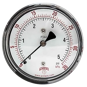 Winters PLP Series Steel Dual Scale Low Pressure Gauge with Brass Internals, 0-5 psi, 2-1/2" Dial Display, +/- 3-2-3% Accuracy, 1/4" NPT Center Back Mount