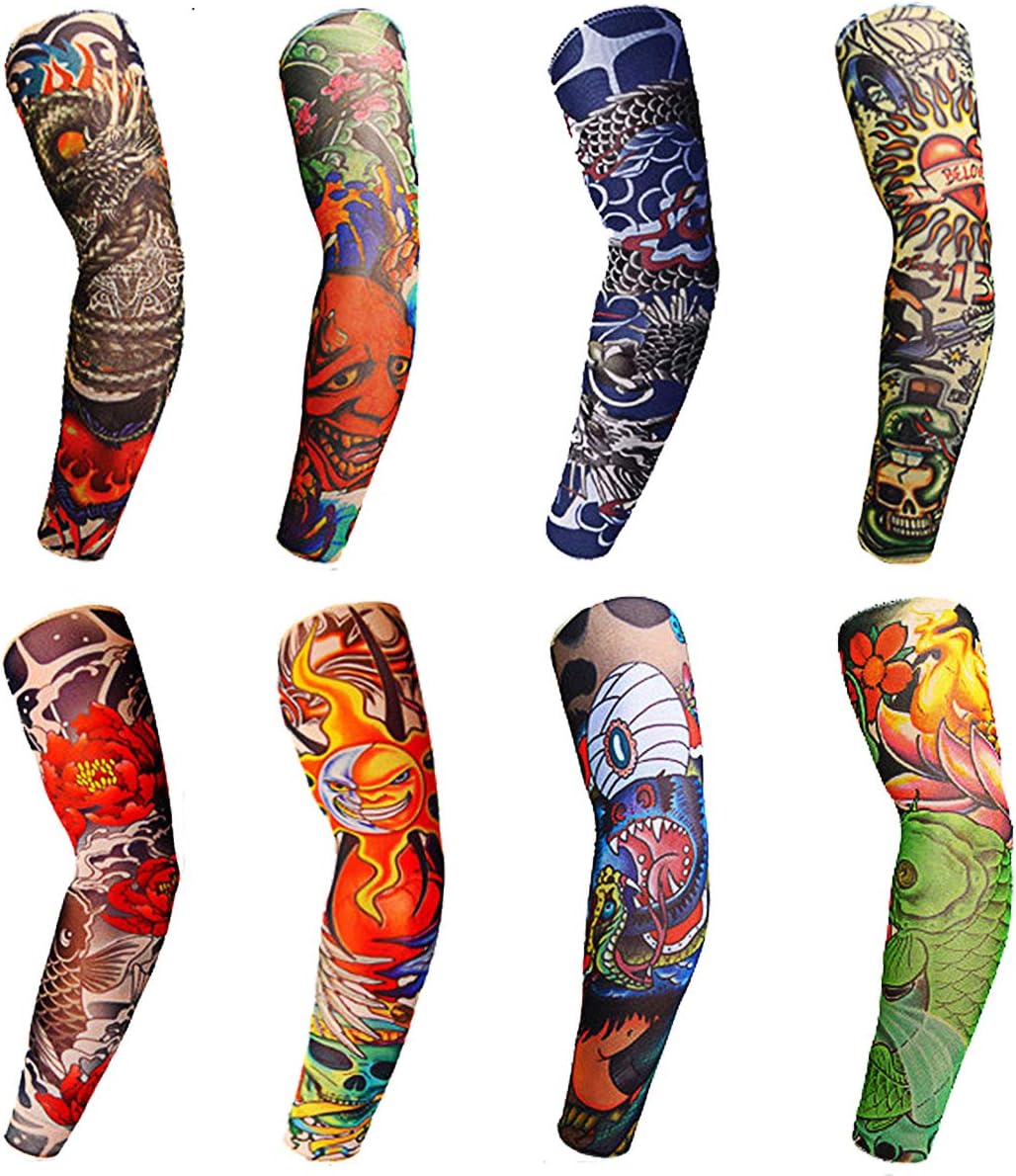 CLAIERY 8PCS Tattoo Sleeves Cool Temporary Sunscreen Arm Sleeves for Men Women Cycling Running Driving Sports