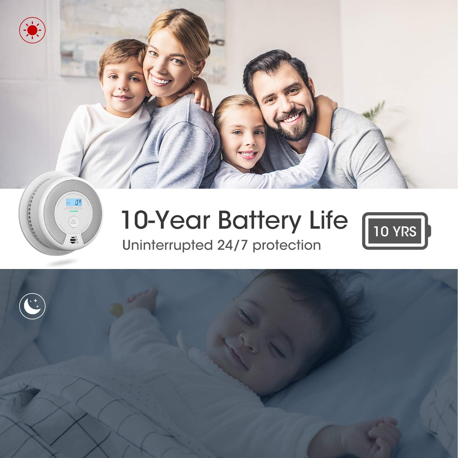 X-Sense 10-Year Battery (Not Hardwired) Combination Smoke & Carbon Monoxide Alarm Detector with LCD Display, Compliant with UL 217 & UL 2034 Standards, SC07 - - 
