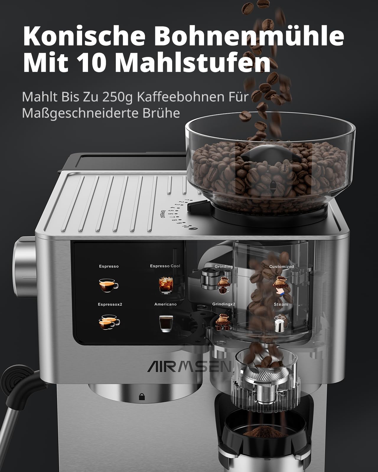 AIRMSEN 20 Bar Siebträgermaschine mit Kegelmahlwerk & Milchschäumer, 1.8L Wassertank, Edelstahl Espressomaschine Kaffeemaschine für Americano, Cappuccino und Latte 3
