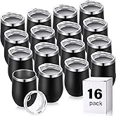 Remagr 16 Pack Stainless Steel Wine Tumblers 12 oz Insulated Vacuum Wine Cup Set Double Wall Stainless Steel Stemless Mug Glasses for Coffee Soda Whiskey Outdoor Travel (Black)