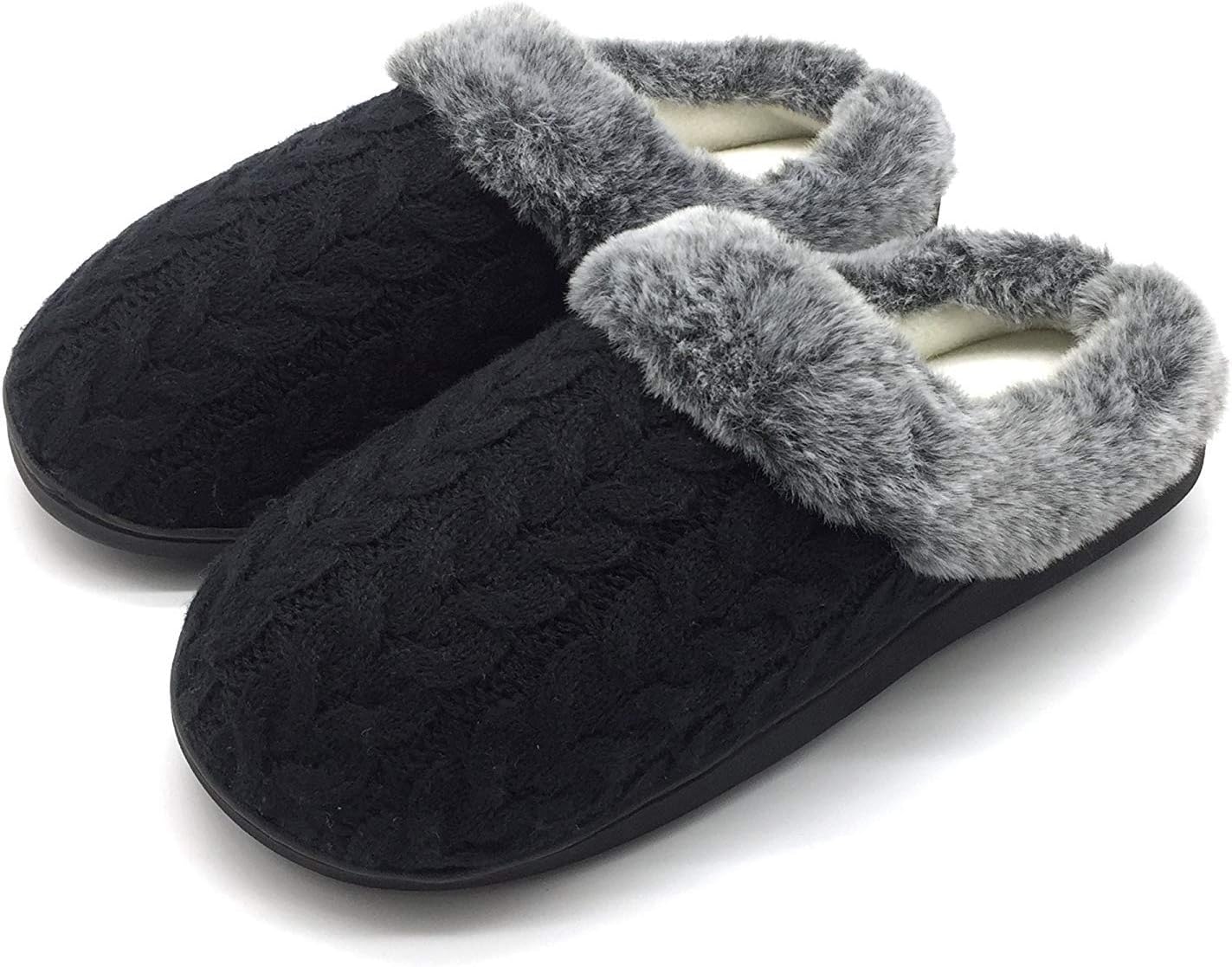 jiajiale Women’s Open Back Slippers Winter Warm Faux Fur Collar Plush Fleece Lined Ladies' Memory Foam House Shoes