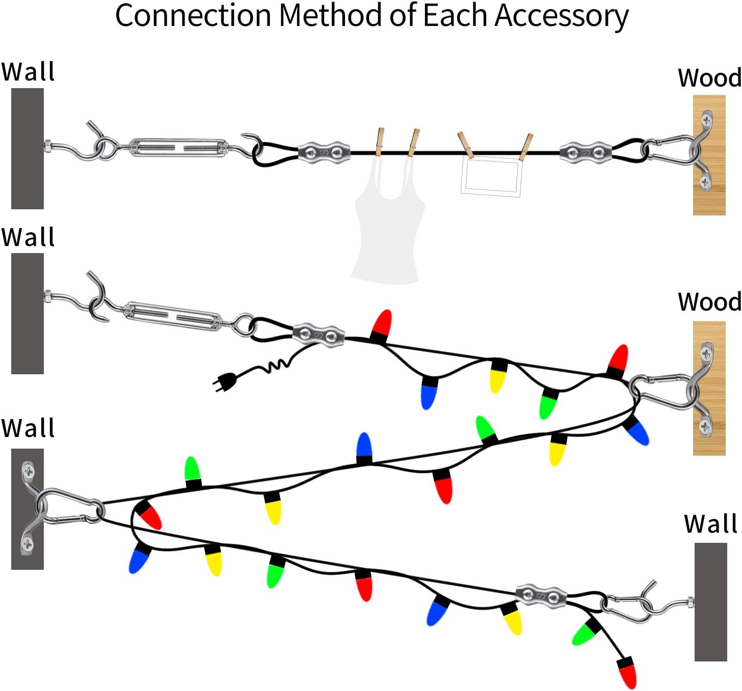 String Lights Hanging Kit, Globe String Lights Suspension Kit, Outdoor Light Guide Wire, Includ 164 FT Nylon-Coated Stainless Steel Wire Rope Cable, Turnbuckle and Hooks, Enough Accessories, Use Manual : Garden & Outdoor