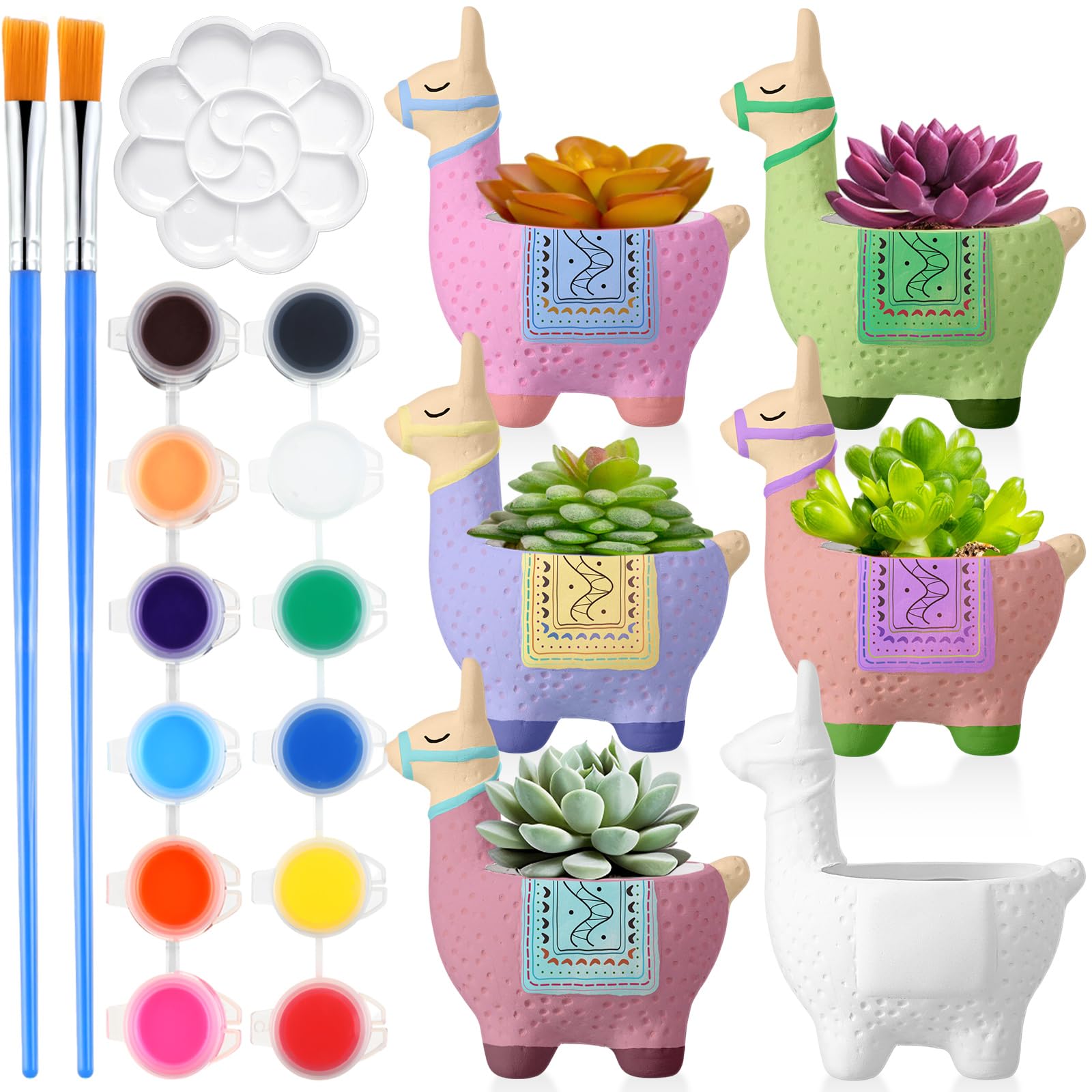 Photo 1 of Pasimy 6 Set DIY Ceramic Succulent Planter Pots Paint Your Own Flower Pots Craft Kit Unpainted Bisque Paintable Flowerpot with Brush Palette Ready to Paint for Family Activity Gift(Alpaca)