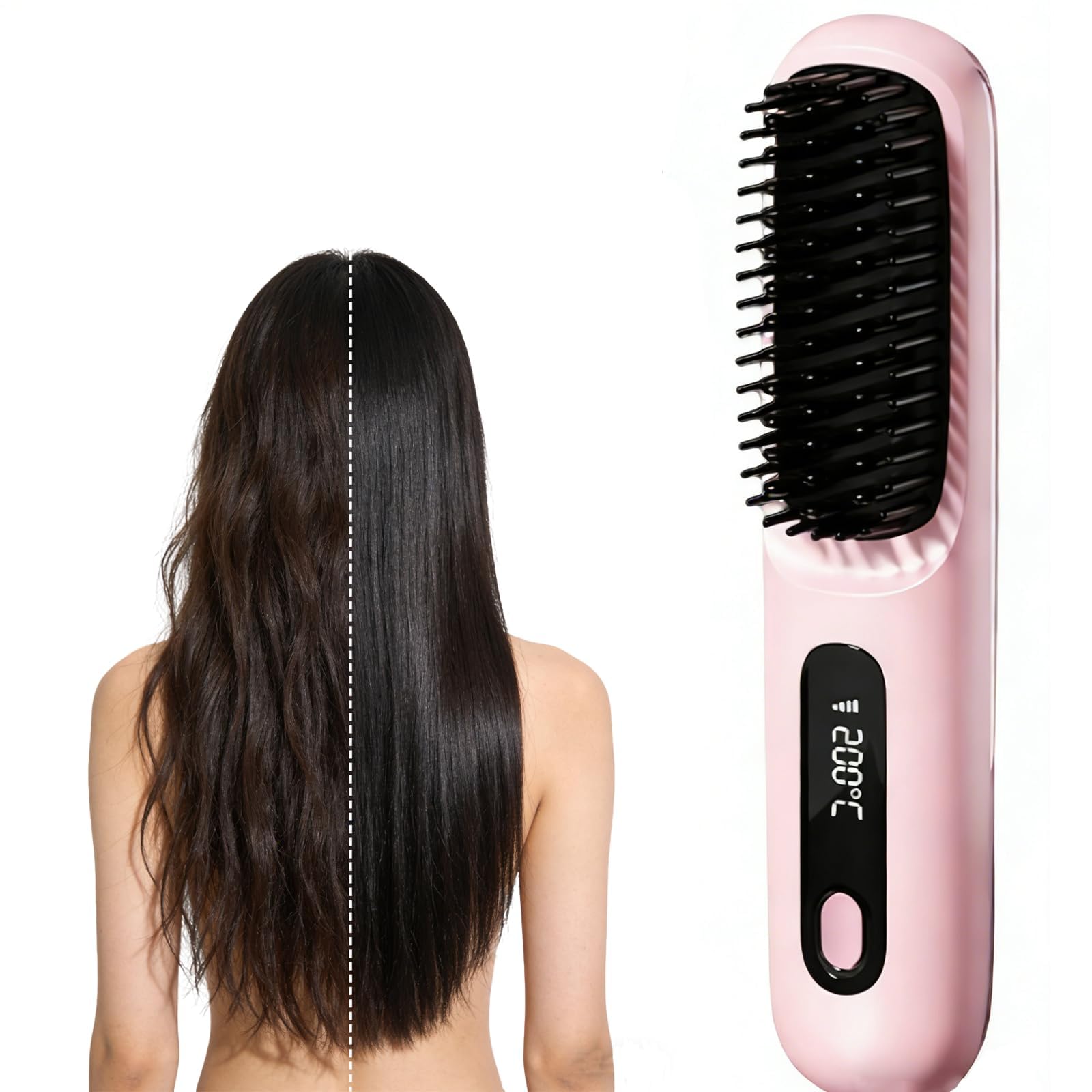 Photo 1 of 2026 New Go Brush Pro for Short Hair, Portable Straightener Brushs for Travel, with LCD Temperature Display?Fast Heating Cordless Styling Tools (Pink)