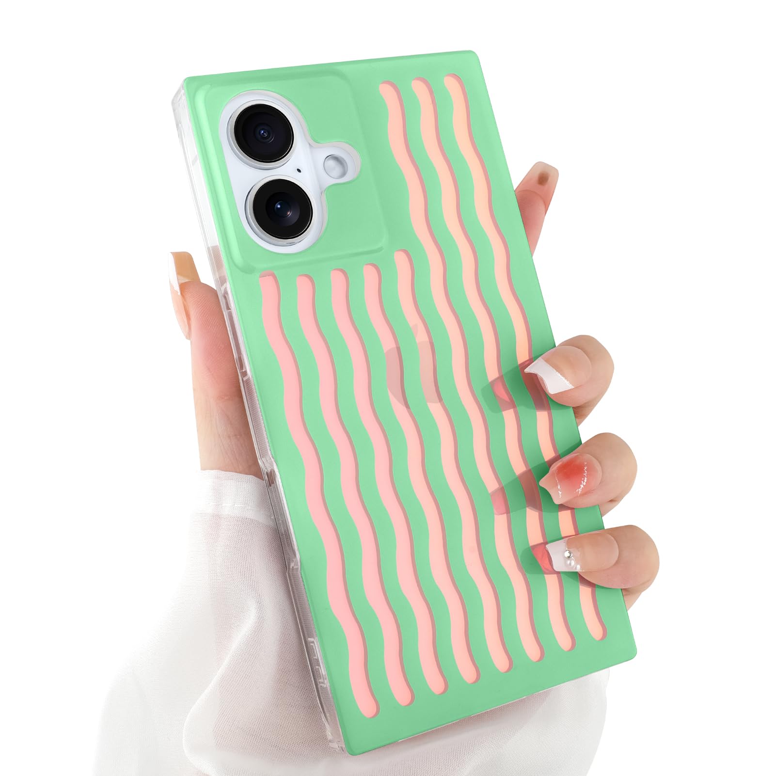 Heaofei Rectangle Case for iPhone 16 Case for Women Girls Boys, with Iridescent Wave Pattern and Cute Candy Color Design, Kawaii Aesthetic Girly Protective Phone Cover, Light Green