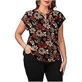 BEAUDRM Women's Plus Size Floral Blouse Retro Cap Sleeve V Neck Vacation Going Out Tops Shirt