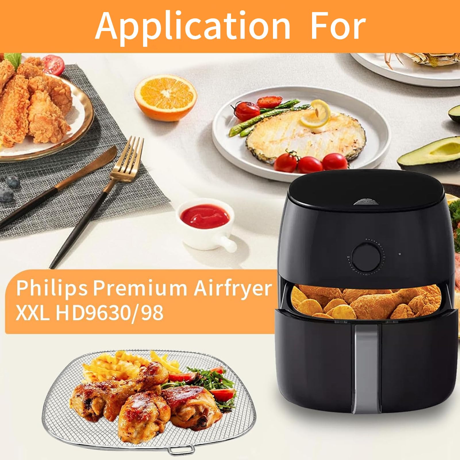 GCQ Air Fryer Accessories for Philips HD9630 Airfryer XXL, 9”×8.6” SUS 304 Stainless Steel Food Grade Air Fryer XXL Replacement Parts Basket Tray for Philips HD9650 HD9656 HD9750 HD9860 Air Fryer