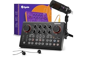 Synido Podcast Equipment Bundle All-in-One Live Sound Card Podcast Production Studio Audio Interface with 48V Phantom Power, Condenser Microphone for Live Streaming, Guitar, Voice Over, PC, Black