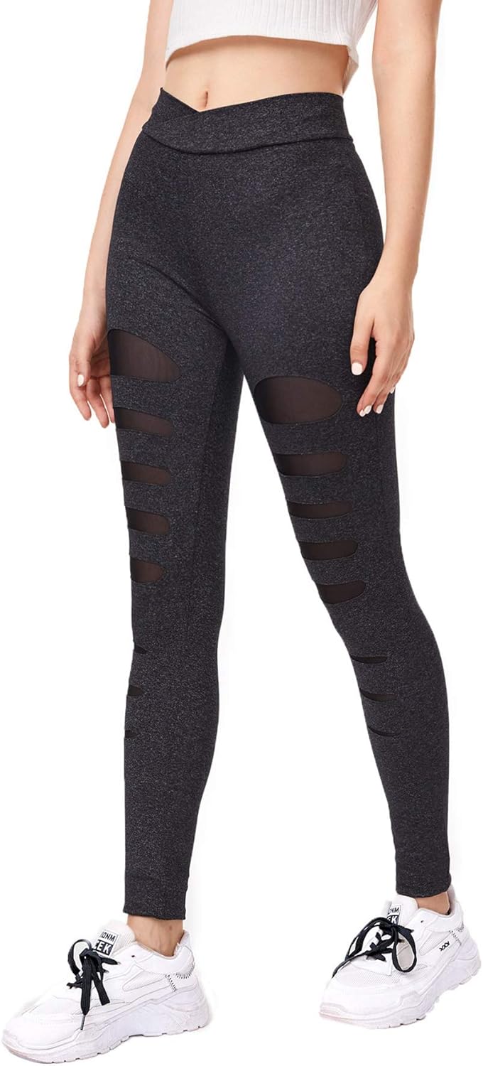 SweatyRocks Women's Legging Mesh Insert Ripped Tights Yoga Slim Pants at  Women’s Clothing store