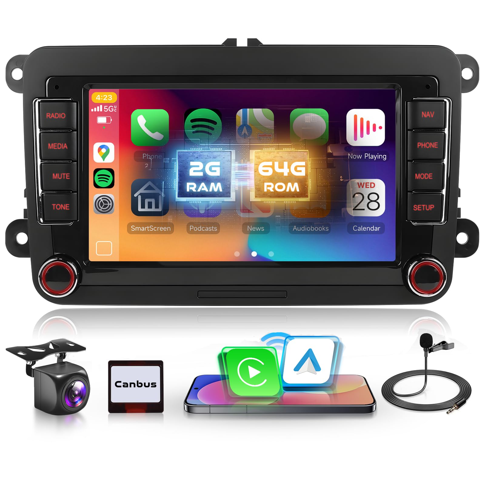 Photo 1 of 4Core 2G+64G Android Car Radio for VW Volkswagen Seat Golf Passat Jetta Beetle Tiguan Touran EOS, 7‘’ Touchscreen Bluetooth, Wireless CarPlay & Android Auto, SWC, Backup Camera, GPS & WiFi, FM/RDS/DSP