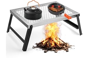 Anbte Folding Campfire Grill, 16" x 12" Heavy Duty Steel Mesh Grate Chrome Finish with Folding Legs, Portable Campfire Cookin