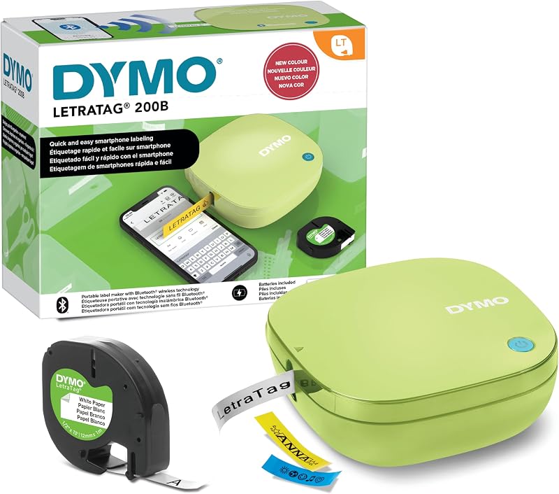 Etiquetador Bluetooth DYMO LetraTag 200B | Impressora de Etiquetas Compactas | Liga-se via tecnologia sem fios Bluetooth | Inclui 1 fita de etiqueta de papel branco | Amarelo Pistácio
