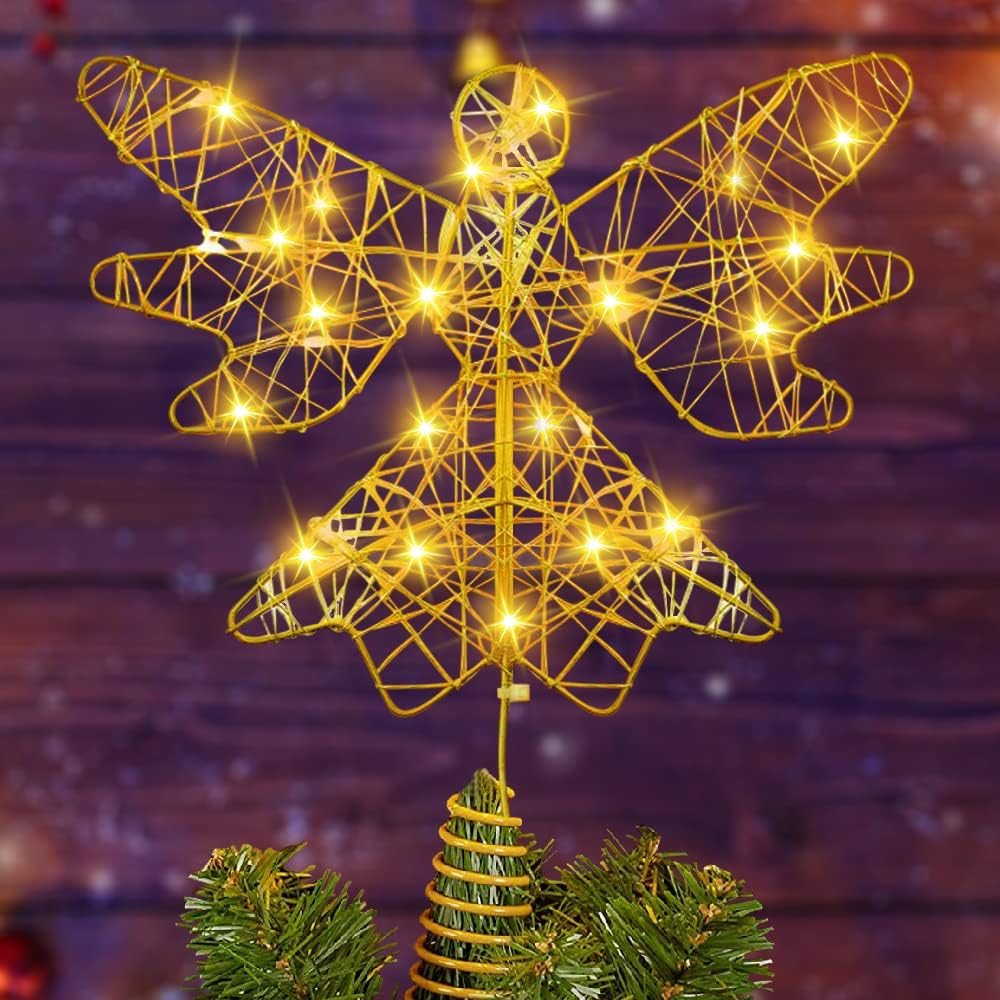 Tree Toppers - YUJUN Christmas Tree Topper,Xmas Angel Tree Topper Gold 20 Light up Battery Powered 3D Hollowed Angel Topper for Christmas Tree Decorations and New Year Home Outdoor Party Decor(9.8 Inch