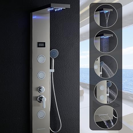 Auralum LED Duschpaneel Regendusche Edelstahl, 3x Massagedüsen, Mit Display, Duscharmatur mit Handbrause