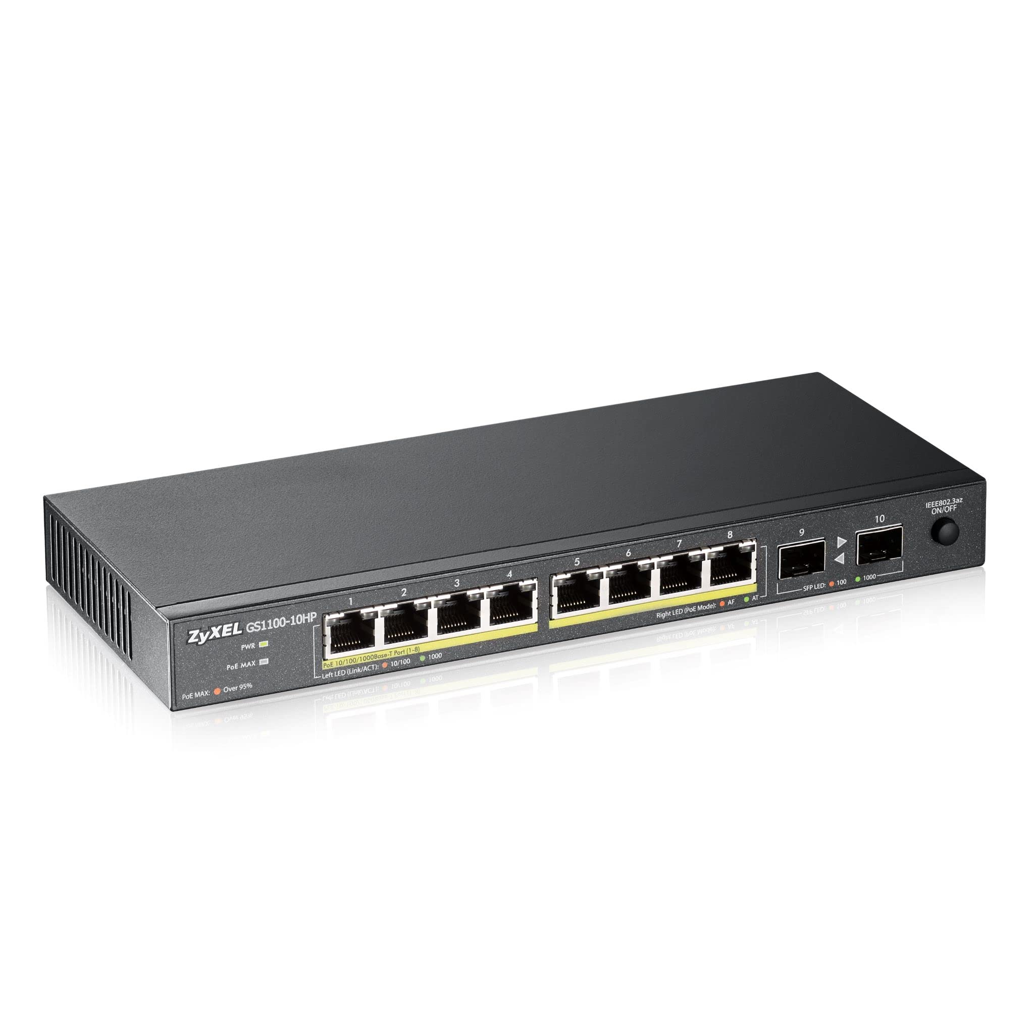 Zyxel 10 Port PoE Switch | Unmanaged Gigabit Network Ethernet Splitter | 8x PoE+ with 130W Budget + 2x SFP | Fanless | Power Adapter and Wall Mount Kit Included | GS1100-10HP