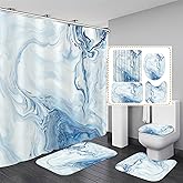 Nkzply 4 Pcs Blue Shower Curtain White Bathroom Sets with Shower Curtain and Rugs Marble Shower Curtain Set Bathroom Decor Accessories Bathroom Rugs Toilet Lid Cover Bath Mat and 12 Hooks