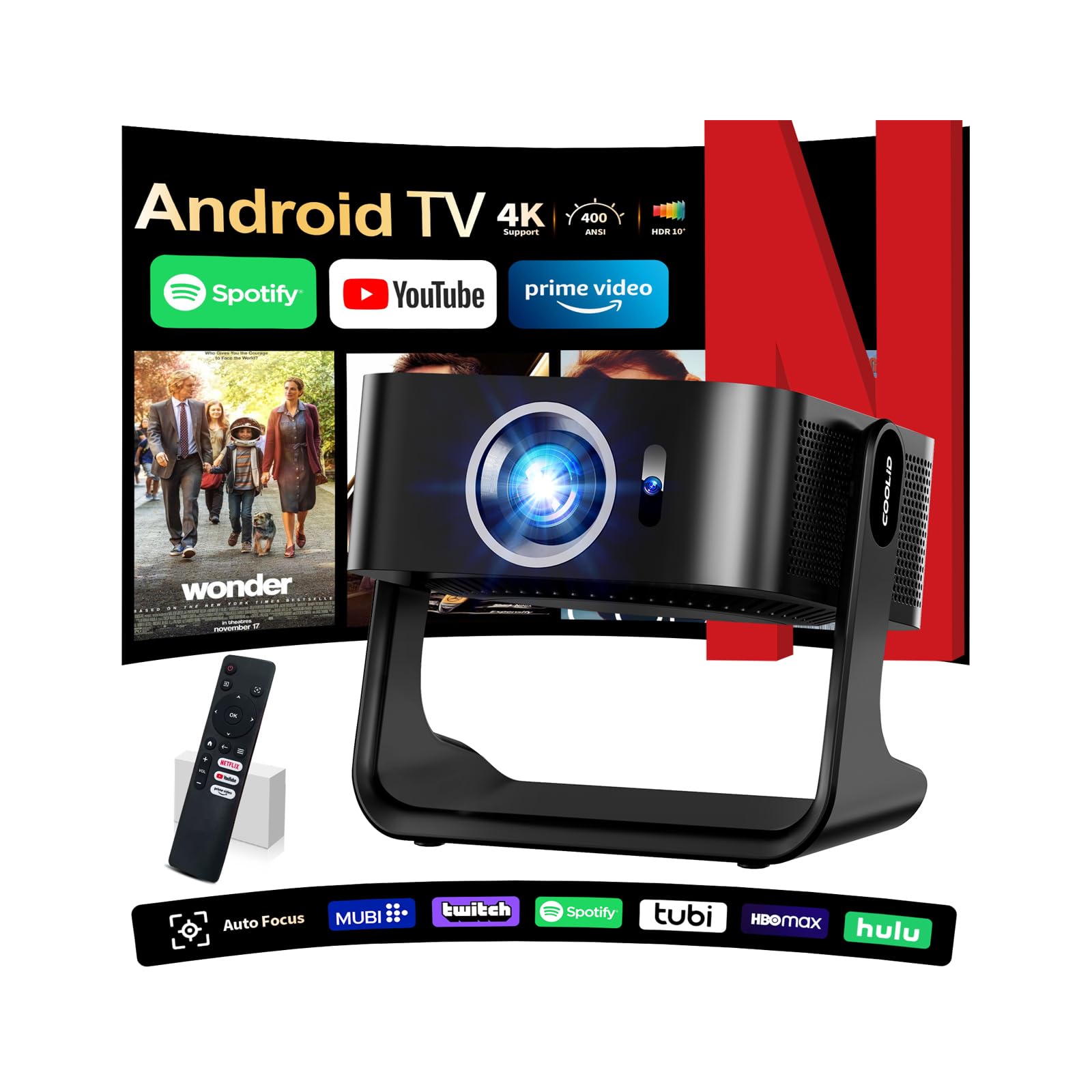 Photo 1 of [Support 4K] 1080P HD Mini Projector Dual Band WiFi6 5G and Bluetooth5.4 Auto Focus & Obstacle Avoidance Portable Outdoor Projector, 270° Adjustable Stand for Home Movie - Black