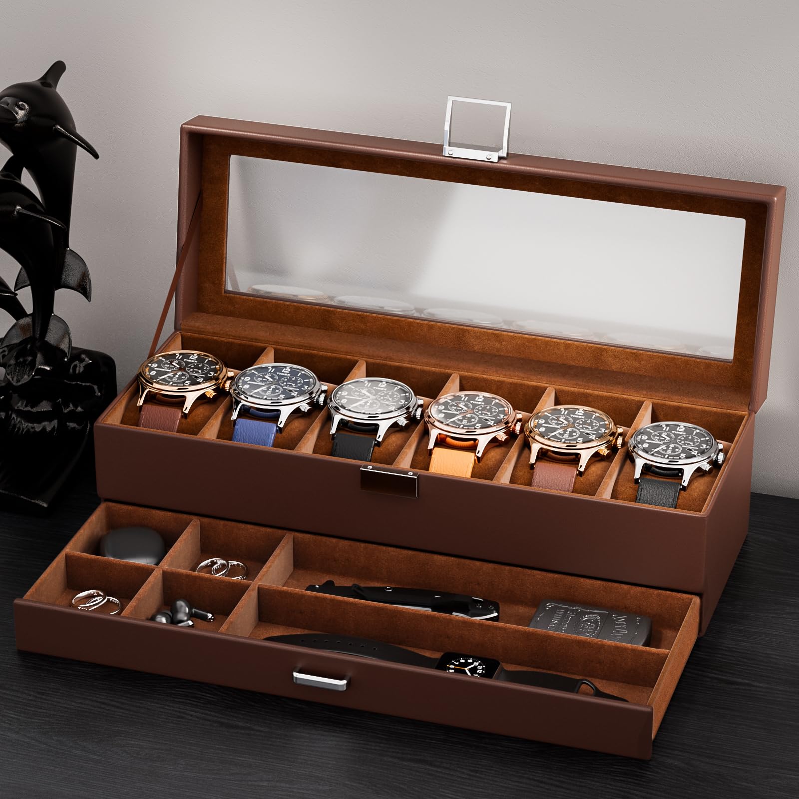 Lolalet Watch Case for Men, 6 Slot Watch Display Case with Clear Glass Lid, 2-Layer Mens Watch Box Watch Holder, 6 Watch Box Organizer, Watch Storage Case With Drawer -Espresso