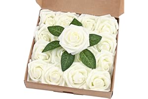 BLEUM CADE 16Pcs Artificial Flowers Fake Roses with Stems, Ivory White Boxed Foam Roses for DIY Bouquets Centerpieces Wedding Party Arrangement Bridal Shower Decor