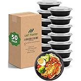 UMT Plastar Meal Prep Containers with Lids - 50 Pack 32 oz Round Meal Bowls, Microwave, Freezer, Dishwasher Safe, BPA-Free To-Go Food Storage Containers