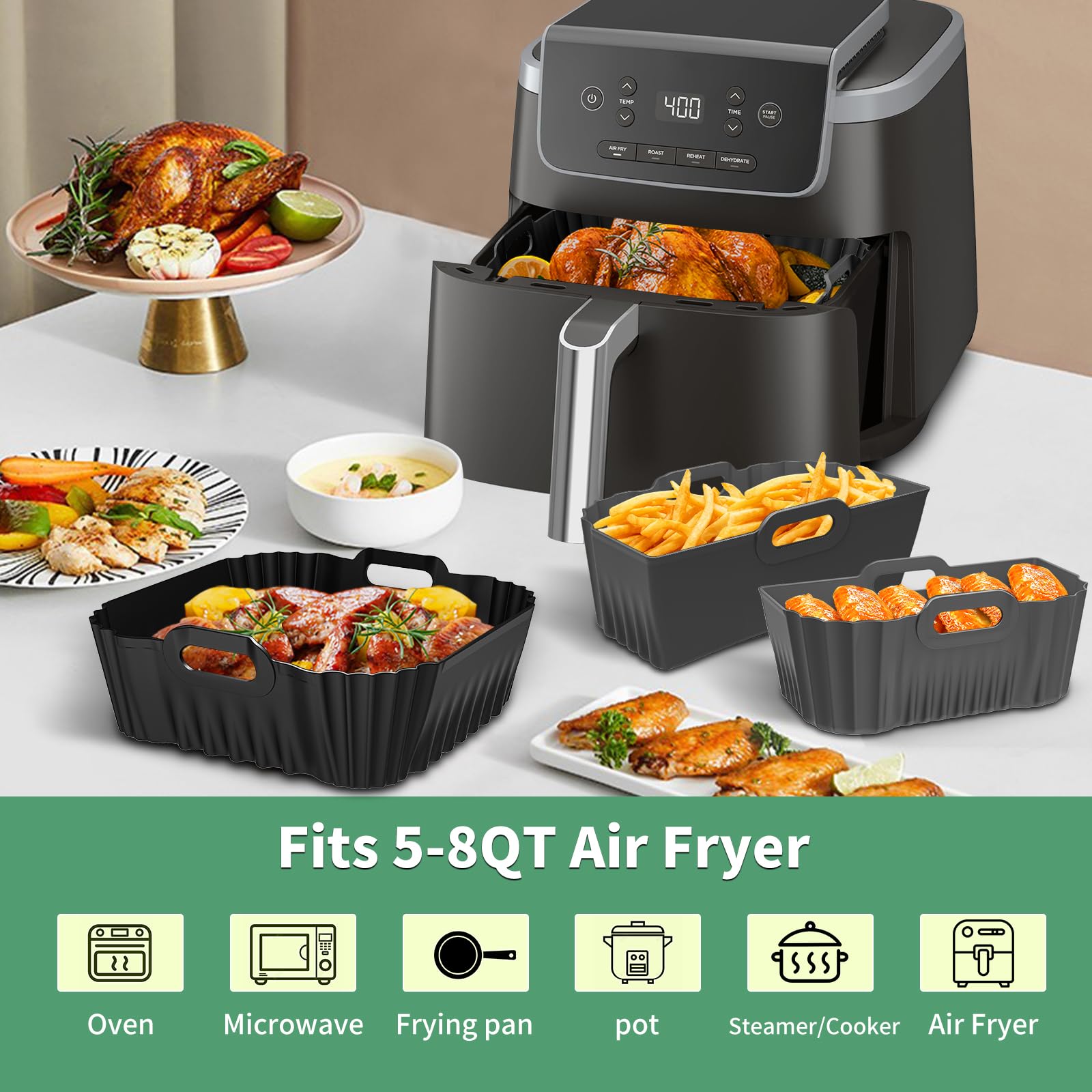 9-Inch Air Fryer Silicone Liners Square for Ninja Air Fryer AF141 AF142 AF181 5-6.5QT, 3 Pack Reusable Silicone Pot Baking Accessories for Cosori 6QT, Instant, Chefman 5QT to 8QT AirFryer