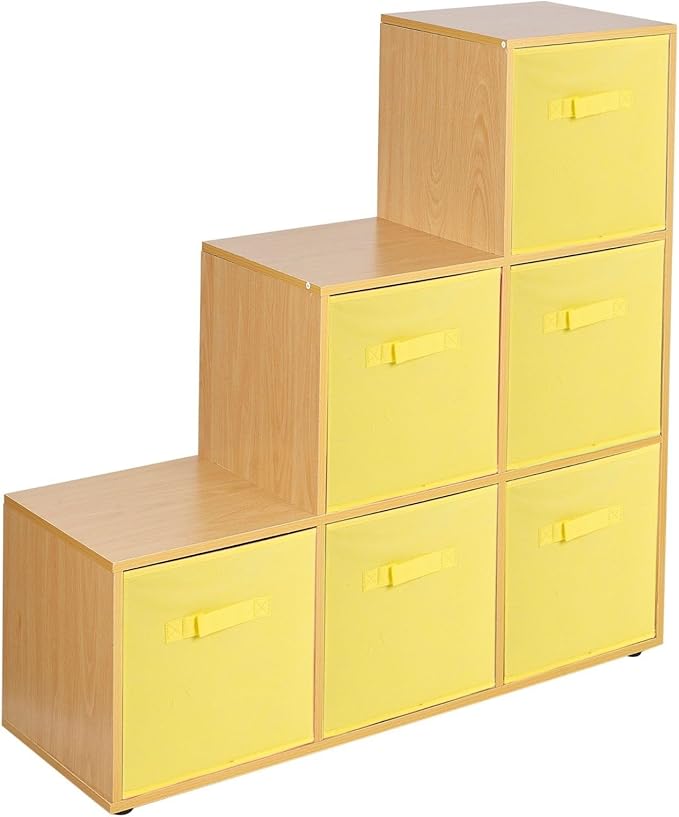URBNLIVING 6 Cube Beech Step Storage Shelf Unit & 6 Yellow Drawers