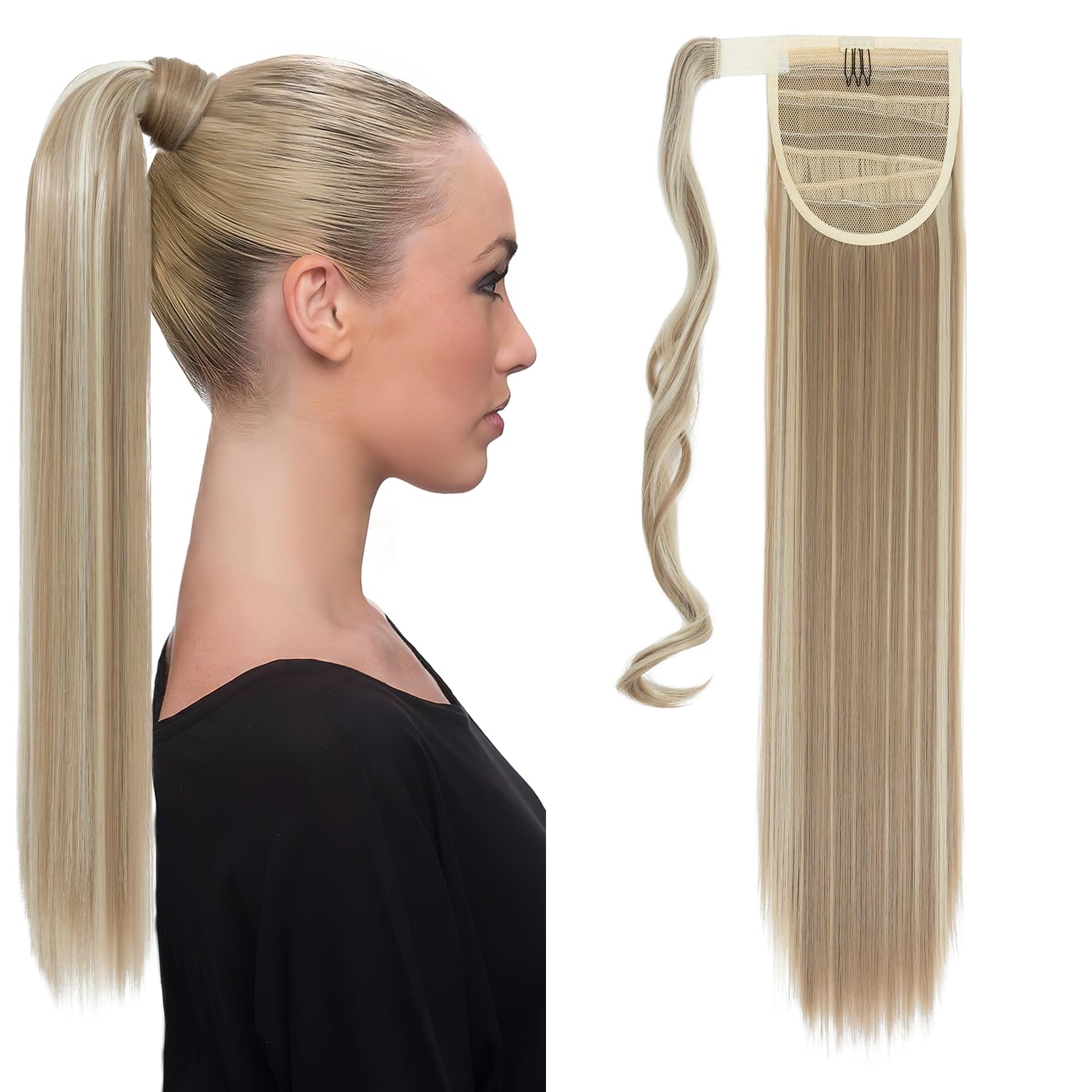 S-noilite 23" Long Straight Wrap around Ponytail Extensions Clip in Ponytail Hair Extensions Hairpiece for Women for Daily Use Sandy Blonde & Bleach Blonde