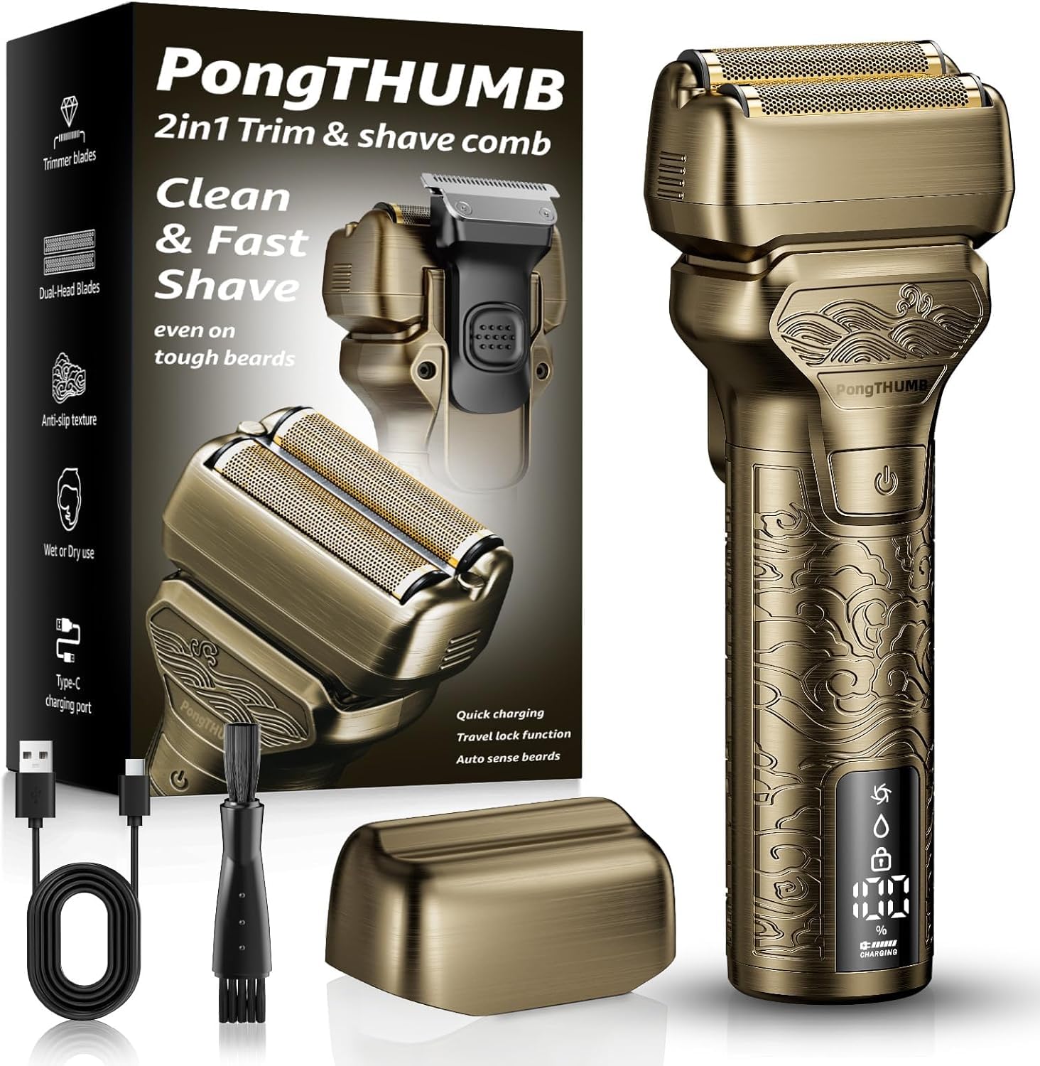 Photo 1 of PongTHUMB Electric Razor for Men with Pop-Up Trimmer: Rechargeable Cordless Foil Shaver for Face - Wet/Dry/Anti-Slip Waterproof Shavers with LED Display - Metal Handheld Design Gold
