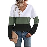 SOLY HUX Women's Color Block T Shirt V Neck Drop Shoulder Long Sleeve Knit Tee Tops Casual Fall Clothes