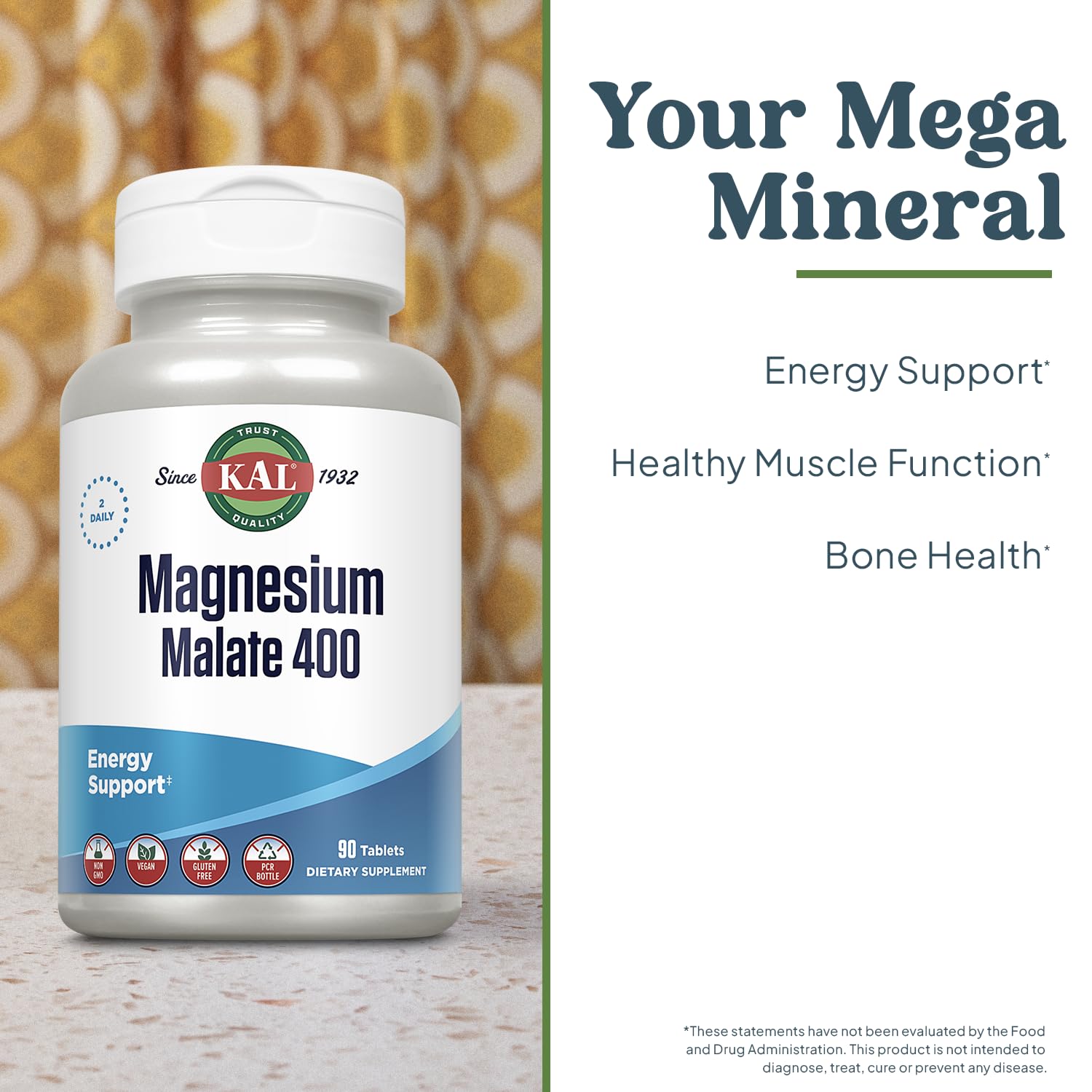 KAL Magnesium Malate 400mg, Chelated Magnesium Supplement with Malic Acid, Healthy Energy & Muscle Function Support, Enhanced Absorption, Vegan, Non-GMO, 45 Servings, 90 Veg Tabs