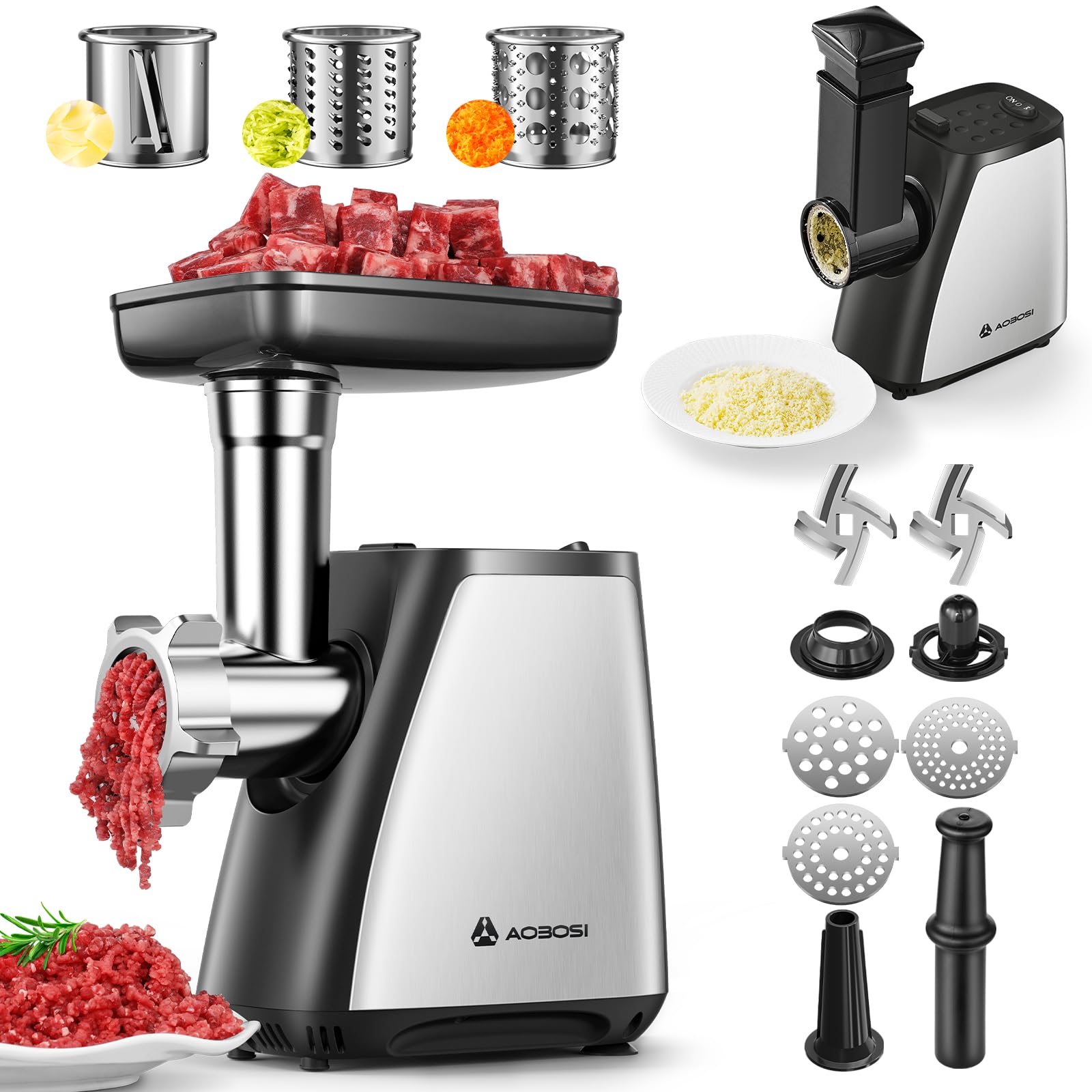 AAOBOSI Meat Grinder, 4-In-1 Meat Grinder Electric [2800W Max] with 3 Slice, Shred Blades,2 Blades,3 Plates,Sausage Stuffer,Kubbe Kit, for Home Kitchen Use, Stainless Steel Image