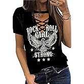 Rock Roll Criss-Cross Hollow Out T-Shirt Women Vintage Concert Rock Band Shirt Retro Country Music Short Sleeve Tops