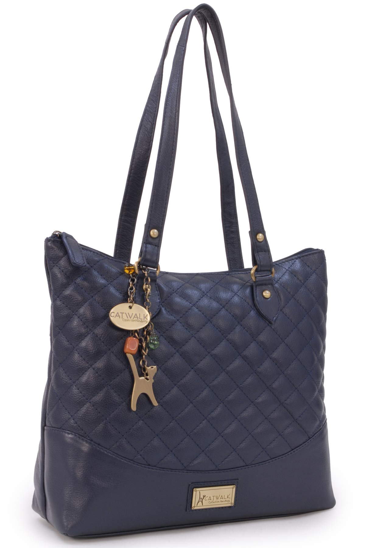 Catwalk Collection Handbags - Women's Quilted Leather Shoulder Bag - Ladies Tote Bag With Zip - Medium/Large - Sofia - Navy