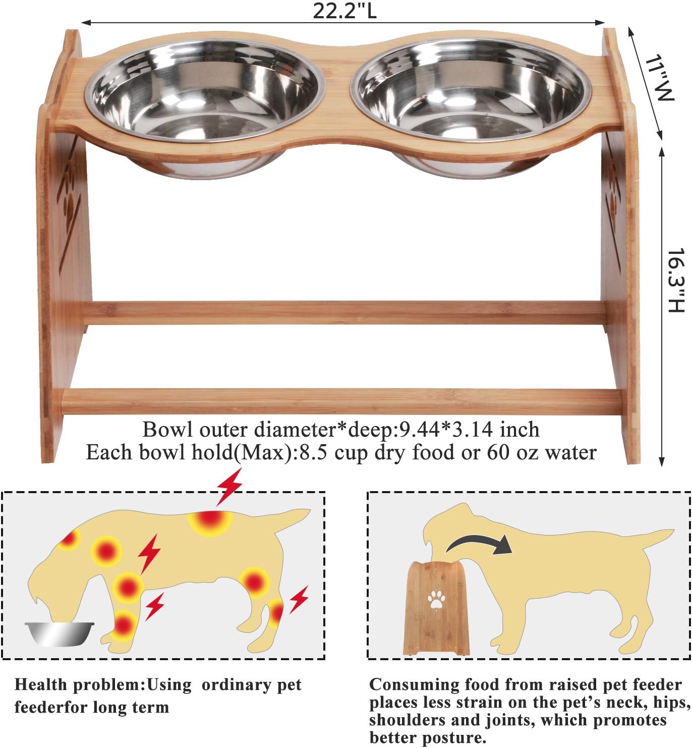 Kitchen & Dining : X-ZONE PET Raised Pet Bowls for Cats and Dogs, Adjustable Bamboo Elevated Dog Cat Food and Water Bowls Stand Feeder with 2 Stainless Steel Bowls and Anti Slip Feet (Height 16.3") : 