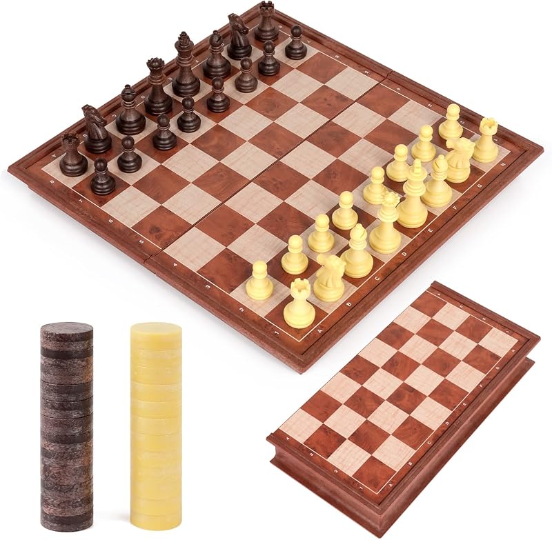 Peradix 25cm Magnetic Chess & Checkers Set Folding Board Kids Adults Brown