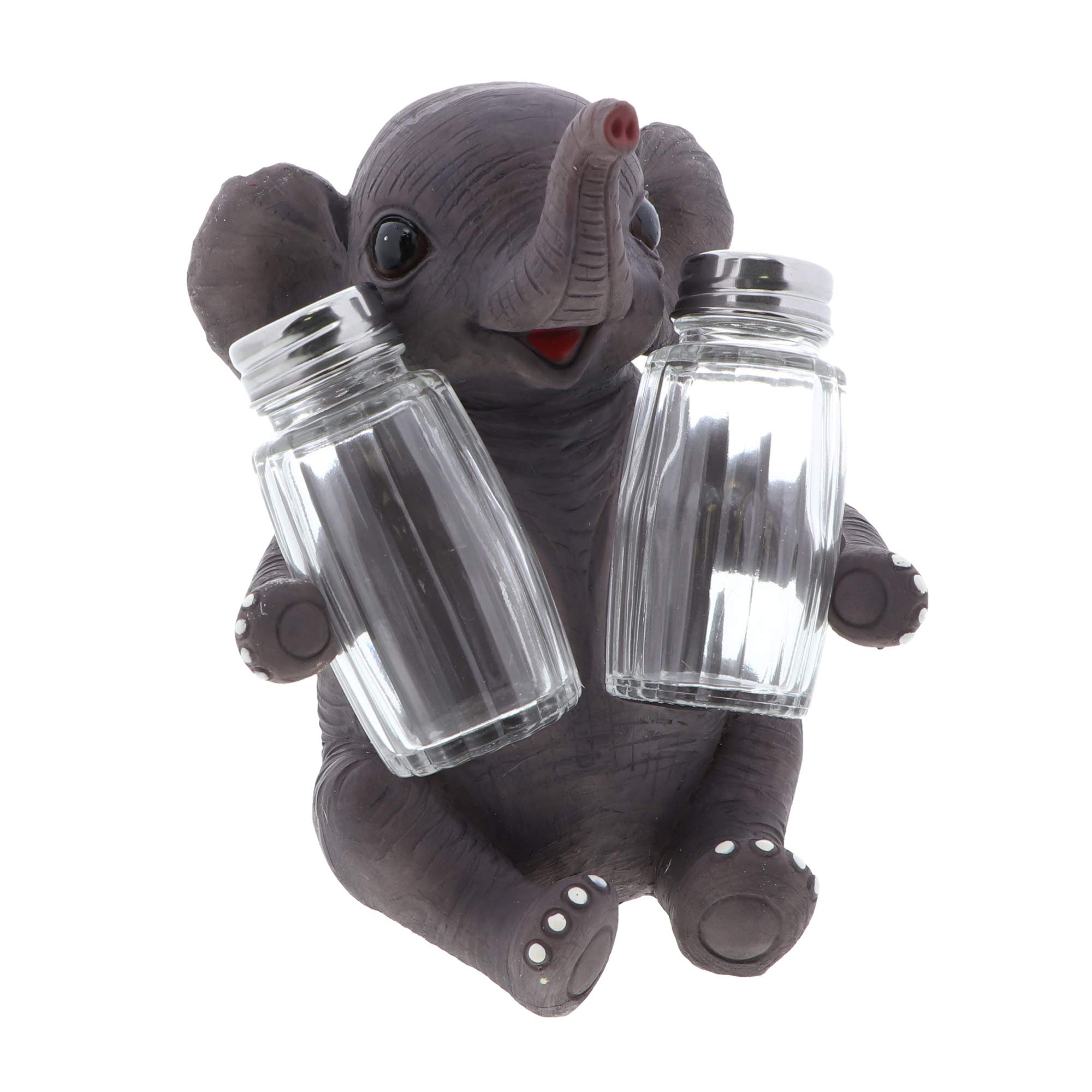 Jungle Animals Kitchen Décor Novelty Salt and Pepper Shaker Set with Holder - Baby Elephant