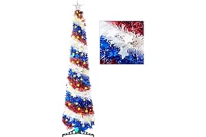KOLODOGO 4th of July 5 Ft Artificial Christmas Tree Pop-Up Collapsible Pencil Christmas Trees with 100 Color for Indoor Outdoor Independence Day Patriotic Party Decorations